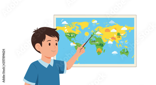 Young schoolboy pointing at a world weather map on the wall with a pointer during a geography or science class.