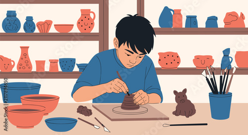 Focused young boy sitting at a desk and painting a handmade clay pot in a pottery workshop surrounded by ceramics.