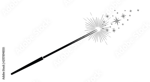 Classic black magic wand with beautiful sparkling stars and magic dust shooting from its tip on white background.