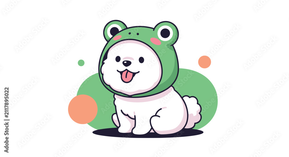 Fototapeta premium Adorable white fluffy dog wearing a green frog hat sits happily against a soft background with colorful shapes.
