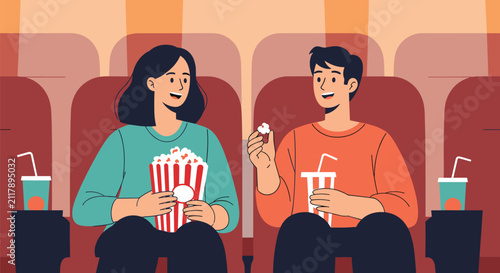 Happy young couple eating delicious popcorn and drinking soda drinks while watching an exciting movie in a cinema theater.