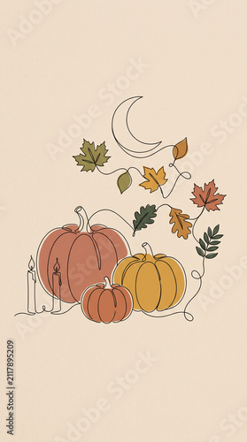 Minimal Halloween illustration using elegant continuous line art combined with flat organic color blocks, pumpkins, candles 