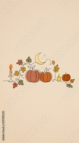 Minimal Halloween illustration using elegant continuous line art combined with flat organic color blocks, pumpkins, candles 