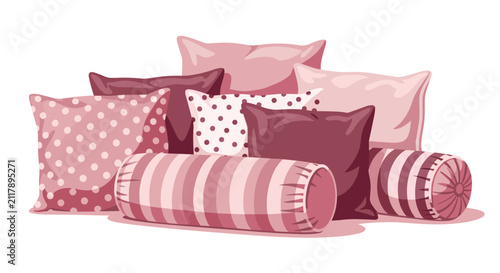 Large pile of comfortable pink pillows and decorative cushions in different shapes and patterns for home interior decor.