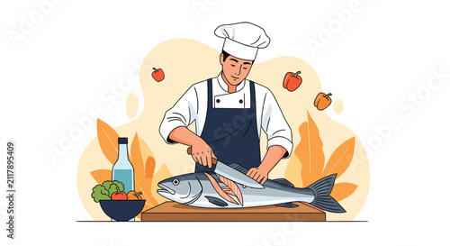 Professional chef in uniform carefully filleting a large salmon fish on a wooden cutting board in the kitchen.
