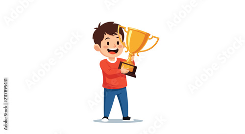 Joyful young boy smiling happily and holding a golden trophy cup with pride after winning a sports competition.