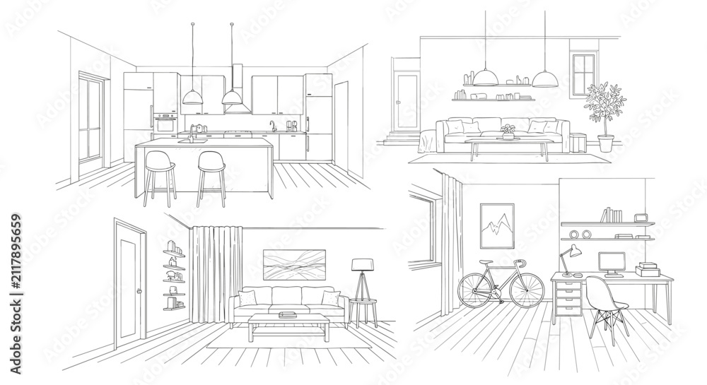 Fototapeta premium Beautiful line art sketches of various modern apartment rooms including a kitchen, living room, study, and bedroom.
