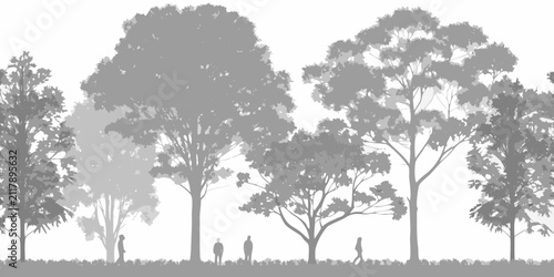 Grayscale forest silhouette landscape with trees and small human figures below arboricultural backdrop