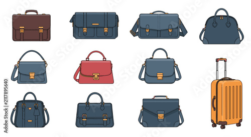 Collection of modern and classic bags, including professional briefcases, stylish female handbags, and a rolling travel suitcase.