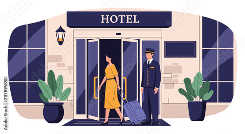 Elegant woman walking out of a luxury hotel entrance with her rolling suitcase as a polite doorman stands by the door.