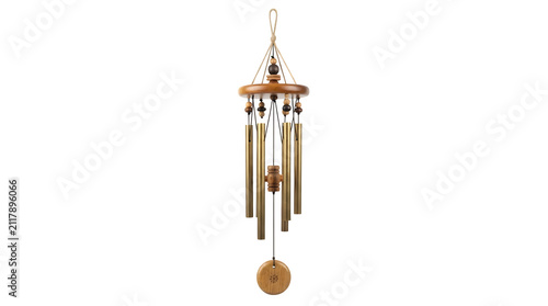 A beautiful wooden wind chime with metallic tubes hanging from a circular wooden platform, isolated on transparent background