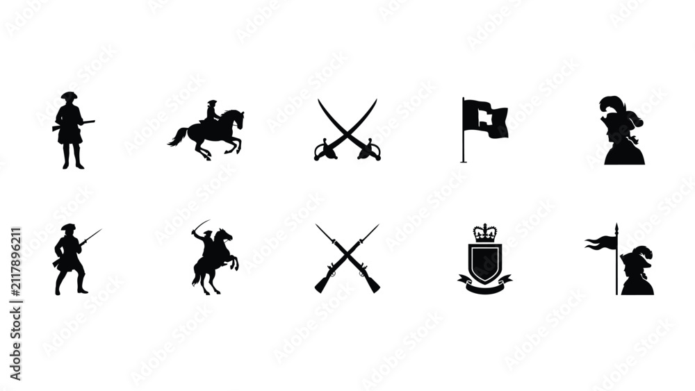 Obraz premium Historical military silhouettes collection featuring soldiers cavalry weapons coats of arms with evoking classic authoritative aesthetic bold contrast minimalist design