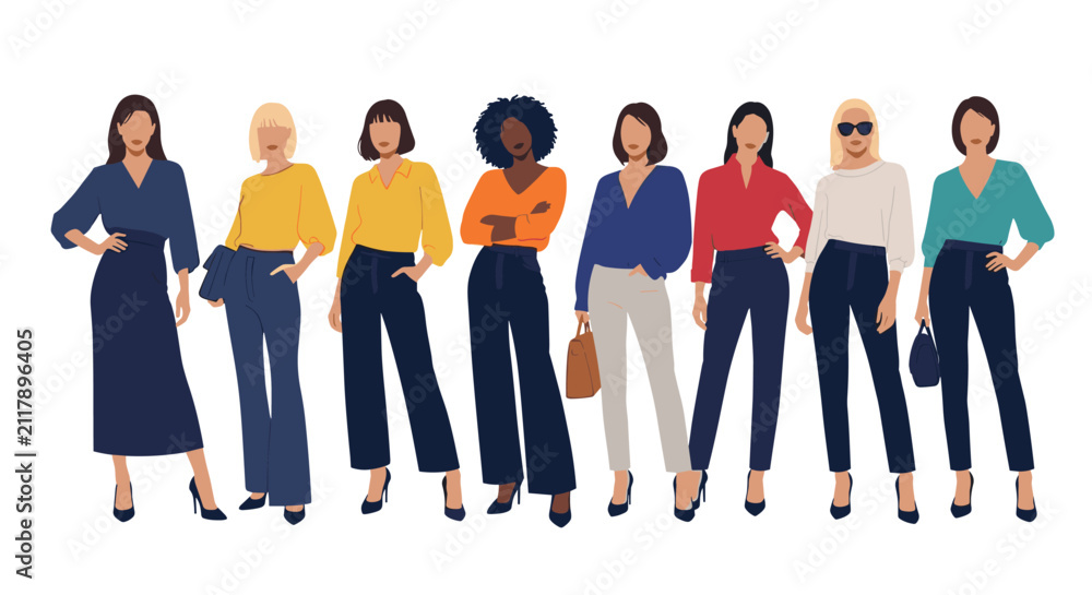 Obraz premium Large group of diverse, stylish, and modern women standing side by side, posing in fashionable casual clothing.