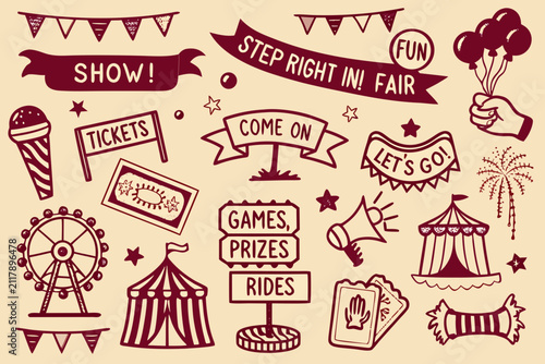 Fotografie Vintage carnival fair doodles illustration with banners ferris wheel and concess