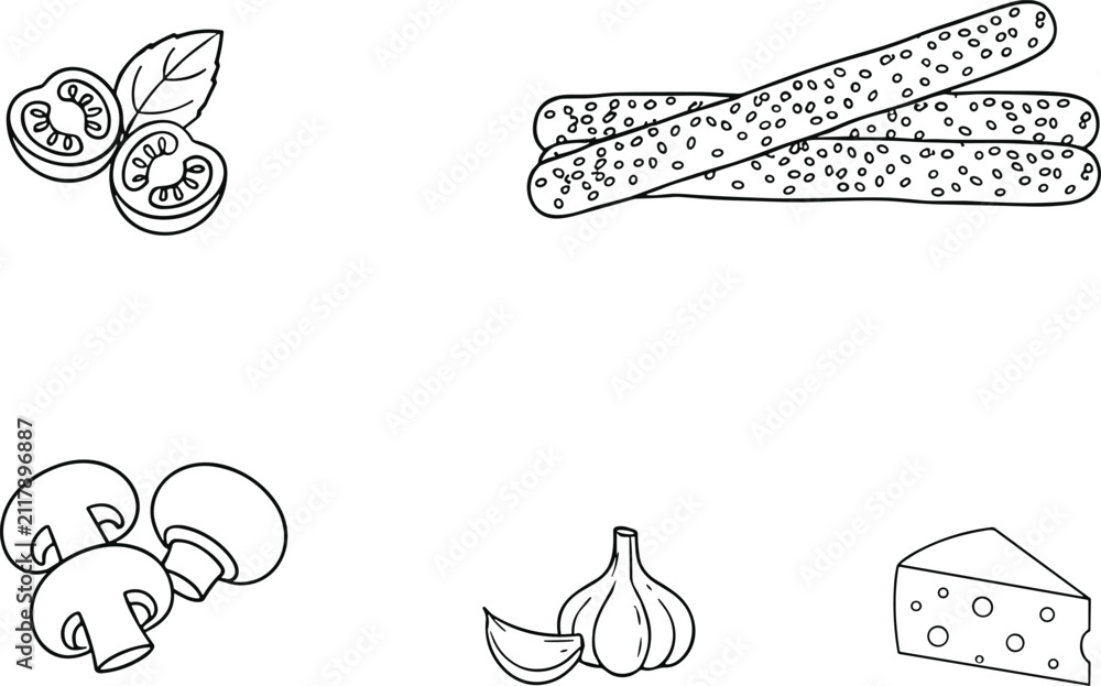 Obraz premium Hand Drawn Food Ingredient Line Art Collection with Tomato Garlic Mushroom Cheese and Breadsticks
