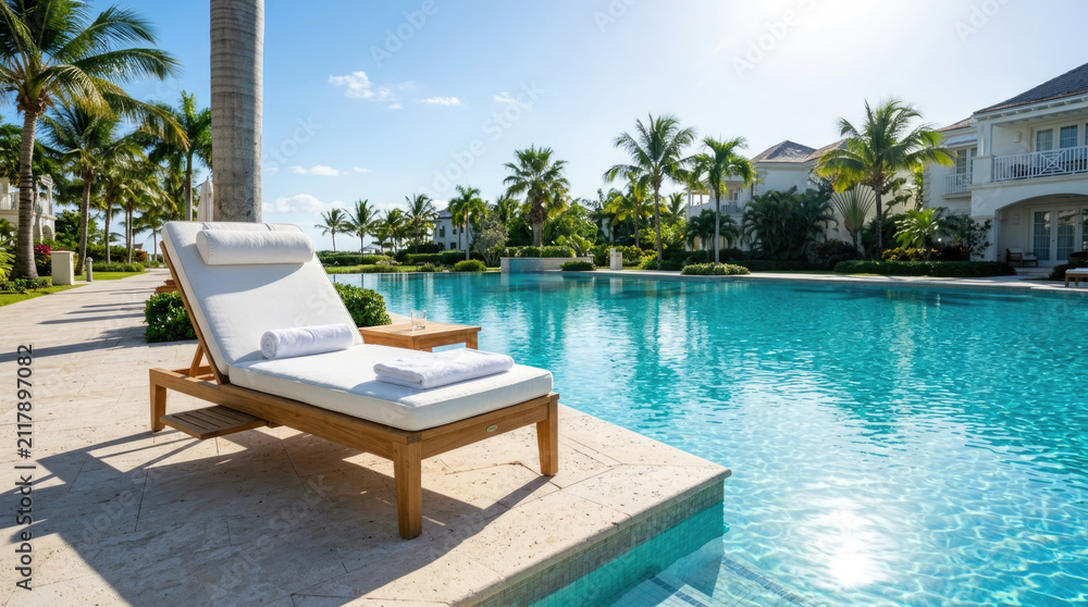 Fototapeta premium Comfortable wooden lounge chair with white cushions by a luxury swimming pool, tropical resort vacation concept