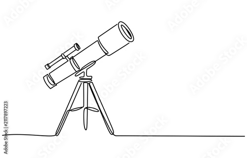 Continuous single line drawing of an astronomical telescope on a tripod for space observation and science research Vector, illustration