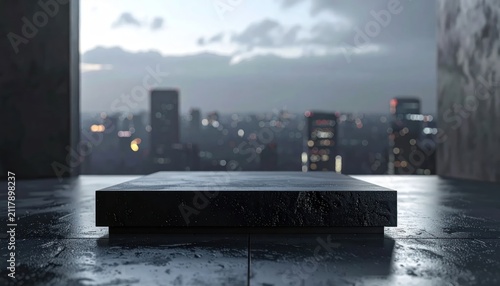 Modern Product Display Platform on Wet Rooftop with Cityscape Background
