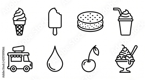 Set of 8 monochrome line icons for ice cream day, on white background