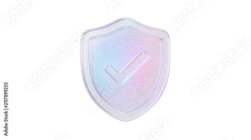 Holographic 3D shield icon with checkmark, iridescent glass security symbol for cyber safety, pearlescent protective shield on white background