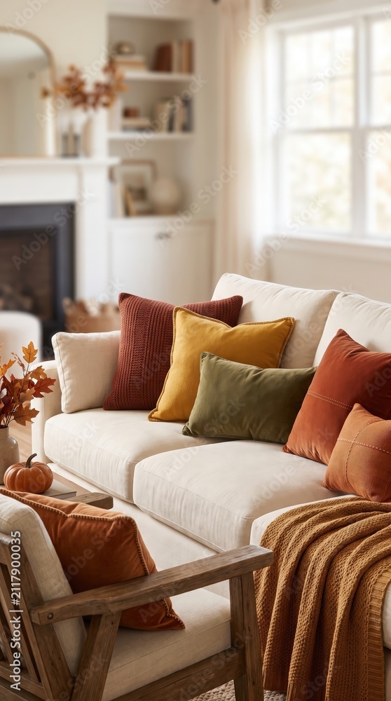 Obraz premium Cozy autumn living room with warm blankets and seasonal decor, comfortable family home interior.
