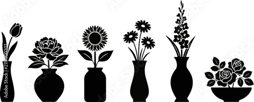 Fotografie Set of six different flower arrangements in various vases and bowls
