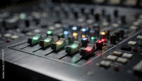 Focused medium shot featuring sharp audio mixer faders with glowing multicolor LED indicators softly fading into blurred studio controls under dim lighting.