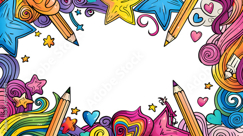 Colorful pencils and doodle elements surrounding black center