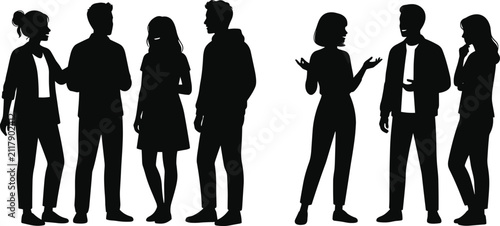 Group of young business people and friends standing and talking together silhouette vector illustration