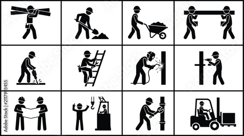 Construction Worker Pictogram Set Showing Safety and Building Activities in Black Silhouettes