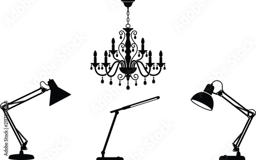 Elegant Chandelier and Modern Desk Lamp Silhouettes on White Background