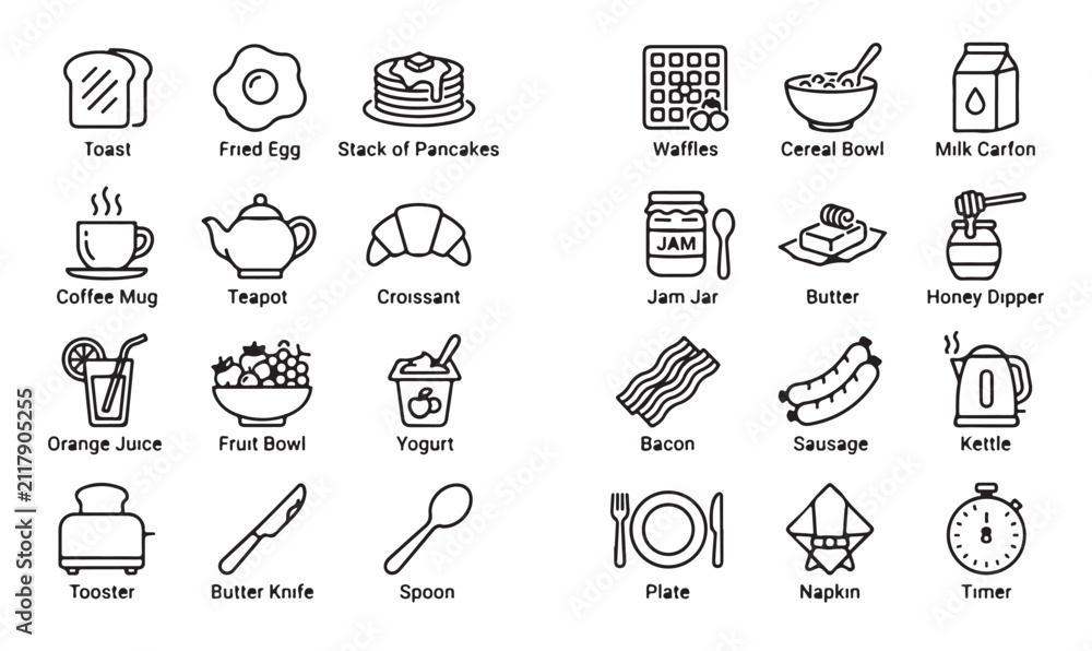 Fototapeta premium Breakfast icons showcase a variety of morning food items and beverage accessories in line art style.