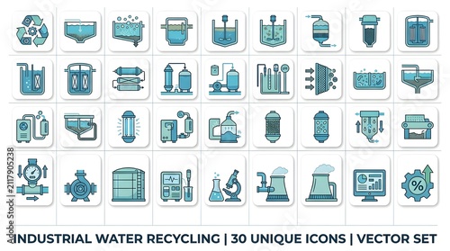 Industrial water recycling process vector icons set