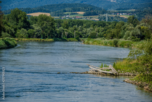 Fluss mit Bäumen und Berghorizont während des Tages im Sommer