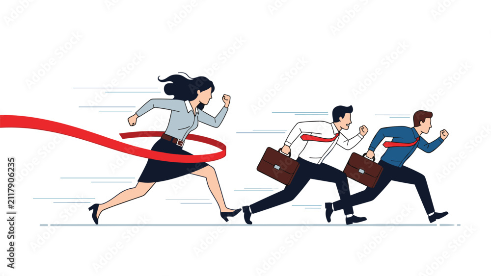Fototapeta premium Determined businesswoman crossing the finish line of a race while male competitors trail behind in a competitive business race.