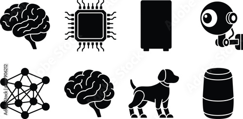 Artificial intelligence and technology icon set with brain, microchip, neural network, and robotic elements vector illustration.