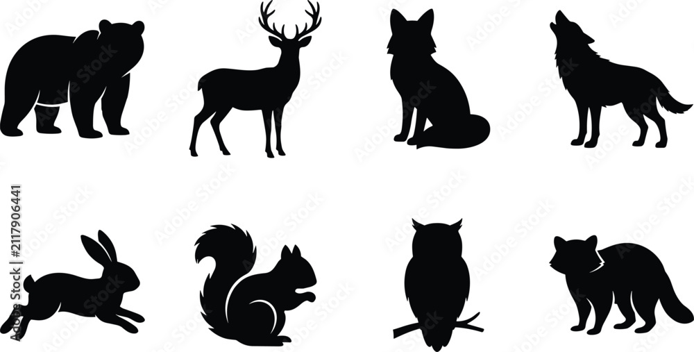 Fototapeta premium Black silhouette wild forest animals icon set with bear, deer, wolf, and fox vector illustration.