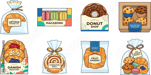 Collection of packaged bakery items including donuts, muffins, and pastries vector illustration