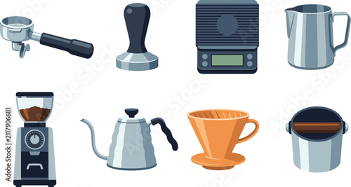 Colorful coffee brewing equipment and barista tools icon set with grinder, kettle, and scale vector illustration