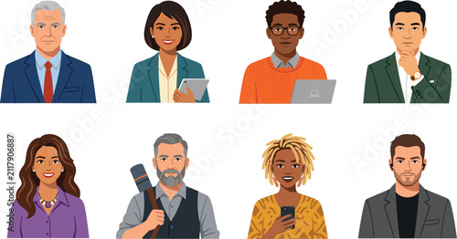 Diverse set of professional people and worker avatars in colorful flat vector illustration style