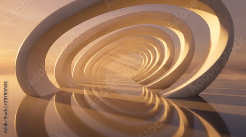 Futuristic Twisting Elliptical Architecture Above Reflective Water at Golden Hour