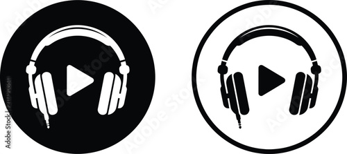 Headphones with play button icon set for audio media control headphones illustration listening technology interface isolated