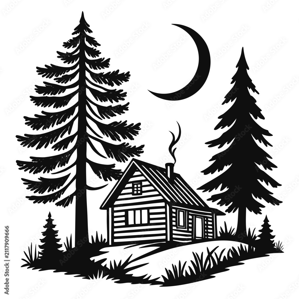 Obraz premium Log cabin with smoking chimney in pine forest under crescent moon wilderness landscape minimalist
