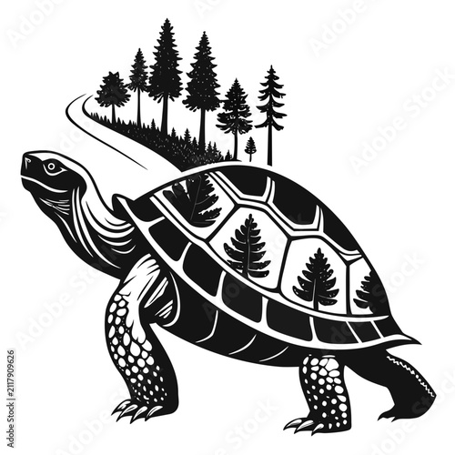 Fotografía Turtle illustration with pine forest silhouette inside shell pattern black and w