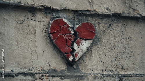 Cracked red heart symbol on weathered concrete wall with dramatic shadow and shallow depth of field