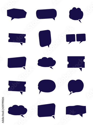 Set of various hand drawn speech bubbles in dark blue ink isolated on a white background