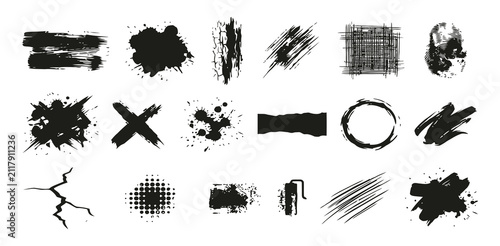 Collection of various hand drawn black ink brush strokes and artistic textures on a white background