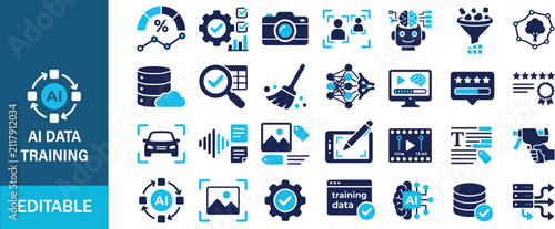 AI data training icons featuring machine learning datasets validation automation analytics recognition processing technology workflow solutions collection.