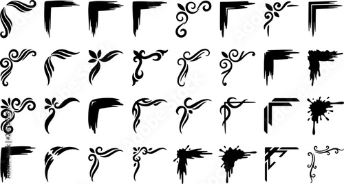 Black ink hand drawn corner borders for design decoration and framing page layouts