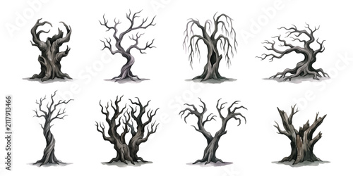 Haunted dead bare spooky trees branch plant elements watercolor set, halloween party invitation card scrapbook